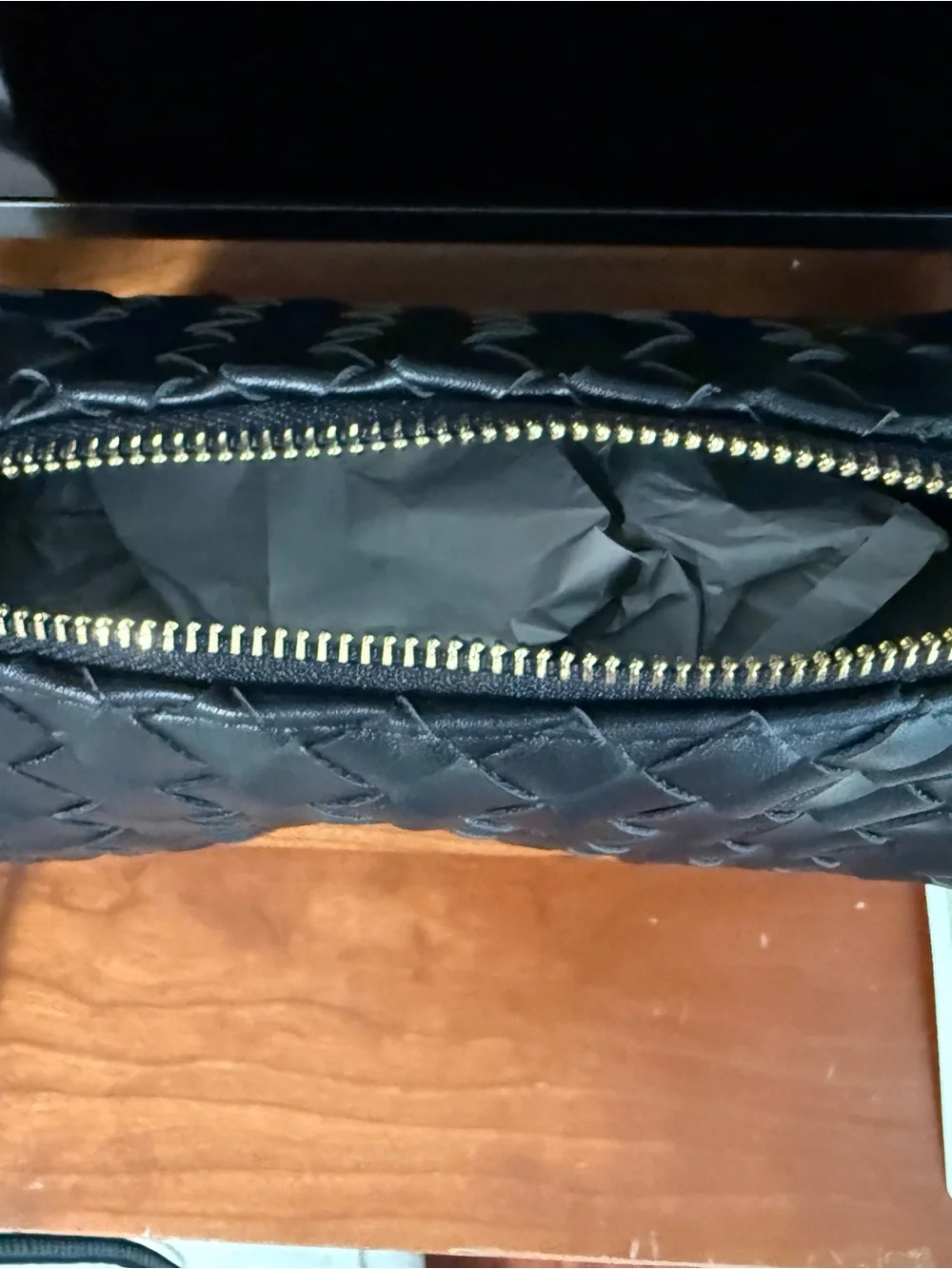 UE Black Woven Leather Crossbody Cosmetic Pouch